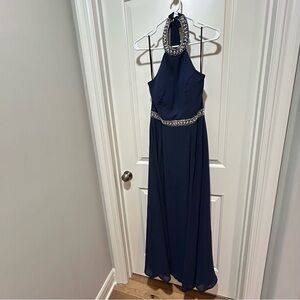 B. Darlin size 7/8 women’s Chic dark Navy Backless Halter Dress. Like New,jewels